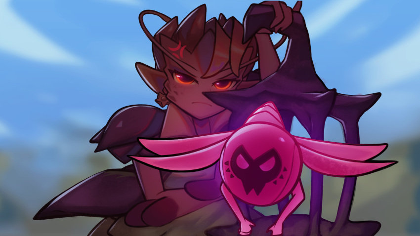 1girl, absurdres, anger_vein, antennae, arm_up, bangs, blurry, blurry_background