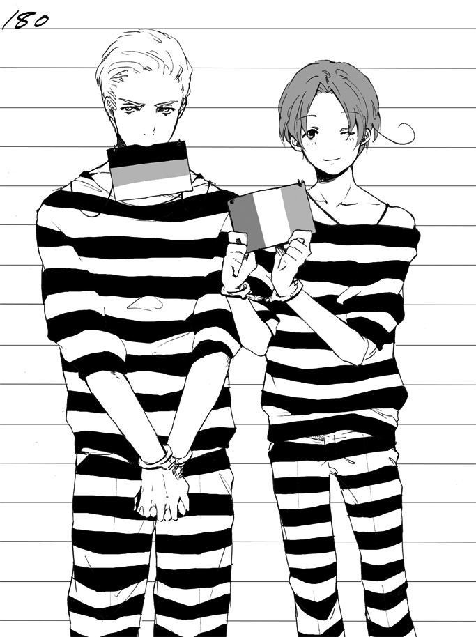 ahoge, axis_powers_hetalia, bad_id, cuffs, germany_(hetalia), handcuffs, male, monochrome