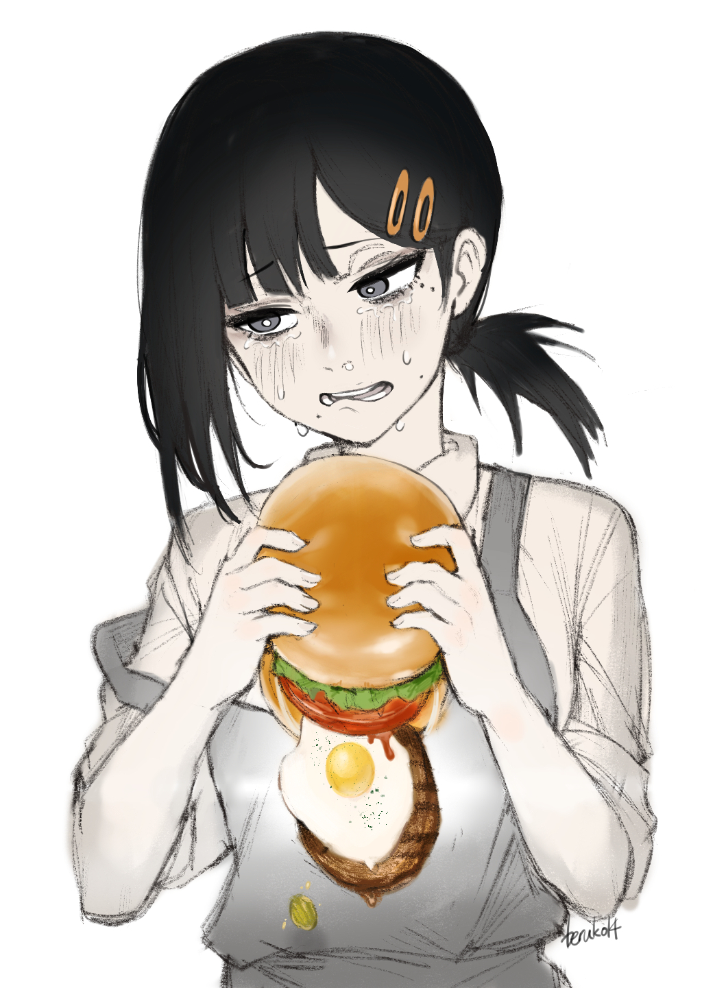 1girl, beruko14, black_eyes, black_hair, burger, burger_malfunction, chainsaw_man, collared_shirt