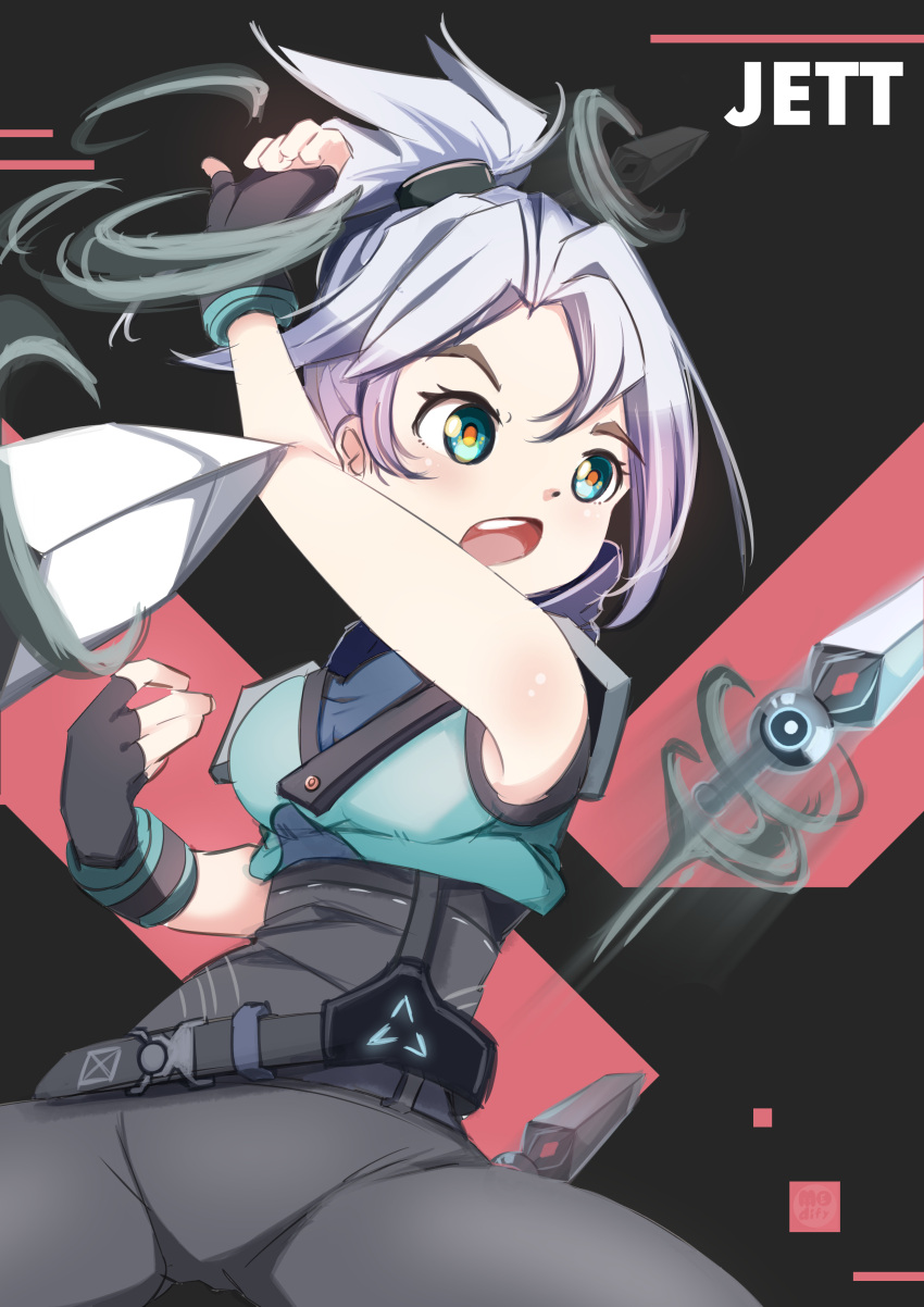 1girl, absurdres, animification, belt, black_belt, black_bodysuit, black_gloves, blue_jacket, blues_(artist), bodysuit, breasts, character_name, cropped_jacket, floating, floating_object, floating_weapon, gloves, green_eyes, hair_behind_ear, highres, jacket, jett_(valorant), knife, medium_breasts, open_mouth, silver_hair, sleeveless, sleeveless_jacket, solo, valorant