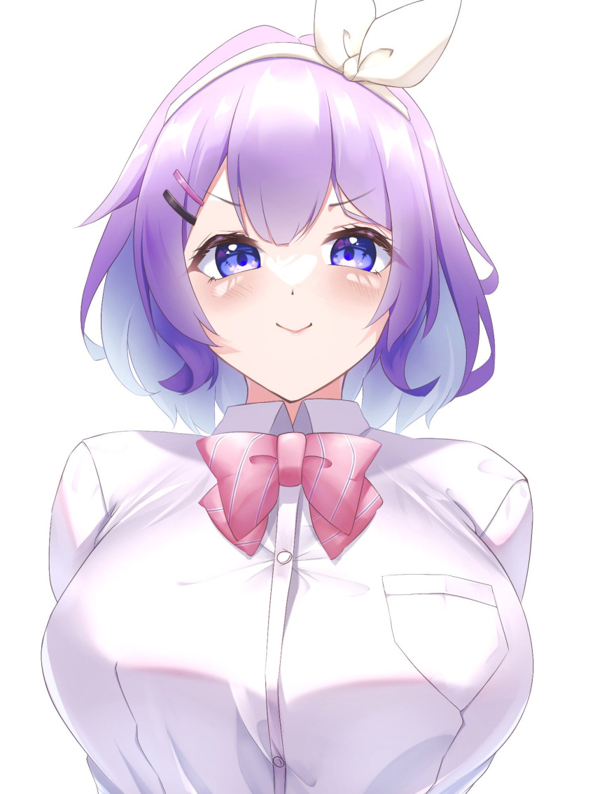 1girl, arms_behind_back, blush, bow, bowtie, breasts, collared_shirt, colored_inner_hair, hair_ornament, hair_ribbon, hairclip, highres, large_breasts, multicolored_hair, nashiki_(5tella), nijisanji, nijisanji_kr, nun_bora, pink_neckwear, pink_shirt, portrait, ribbon, shirt, short_hair, smile, smug, solo, v-shaped_eyebrows, virtual_youtuber, white_ribbon