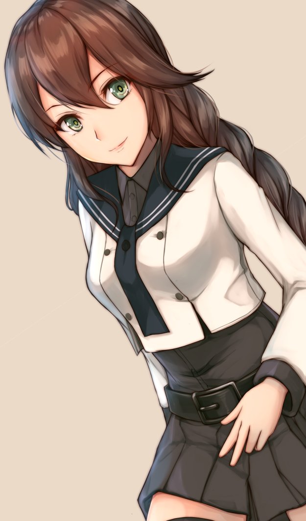 1girl, anatamo, bangs, black_shirt, black_skirt, braid, breasts, brown_hair