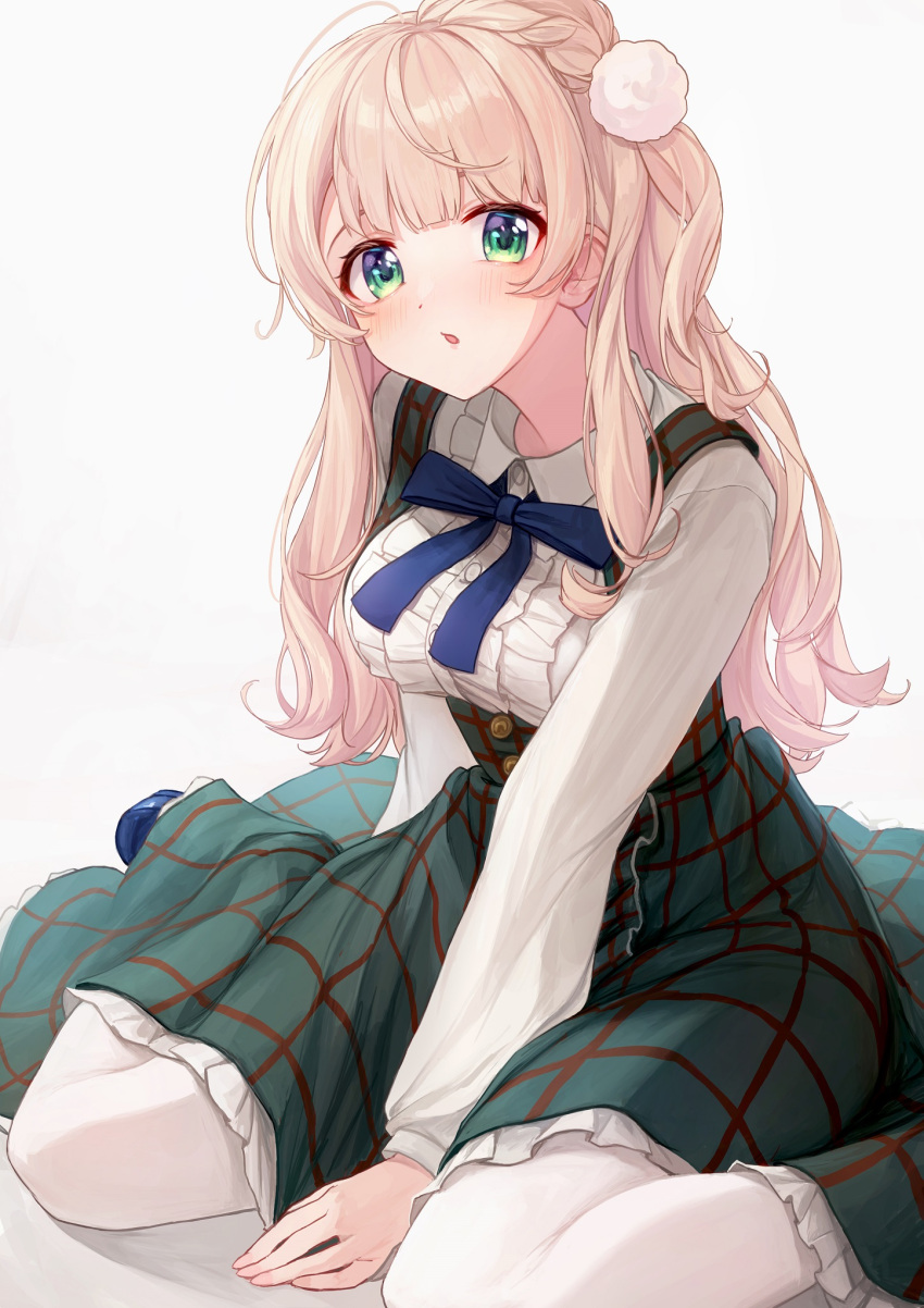 1girl, :o, between_legs, blonde_hair, blue_footwear, blush, bodice, bow