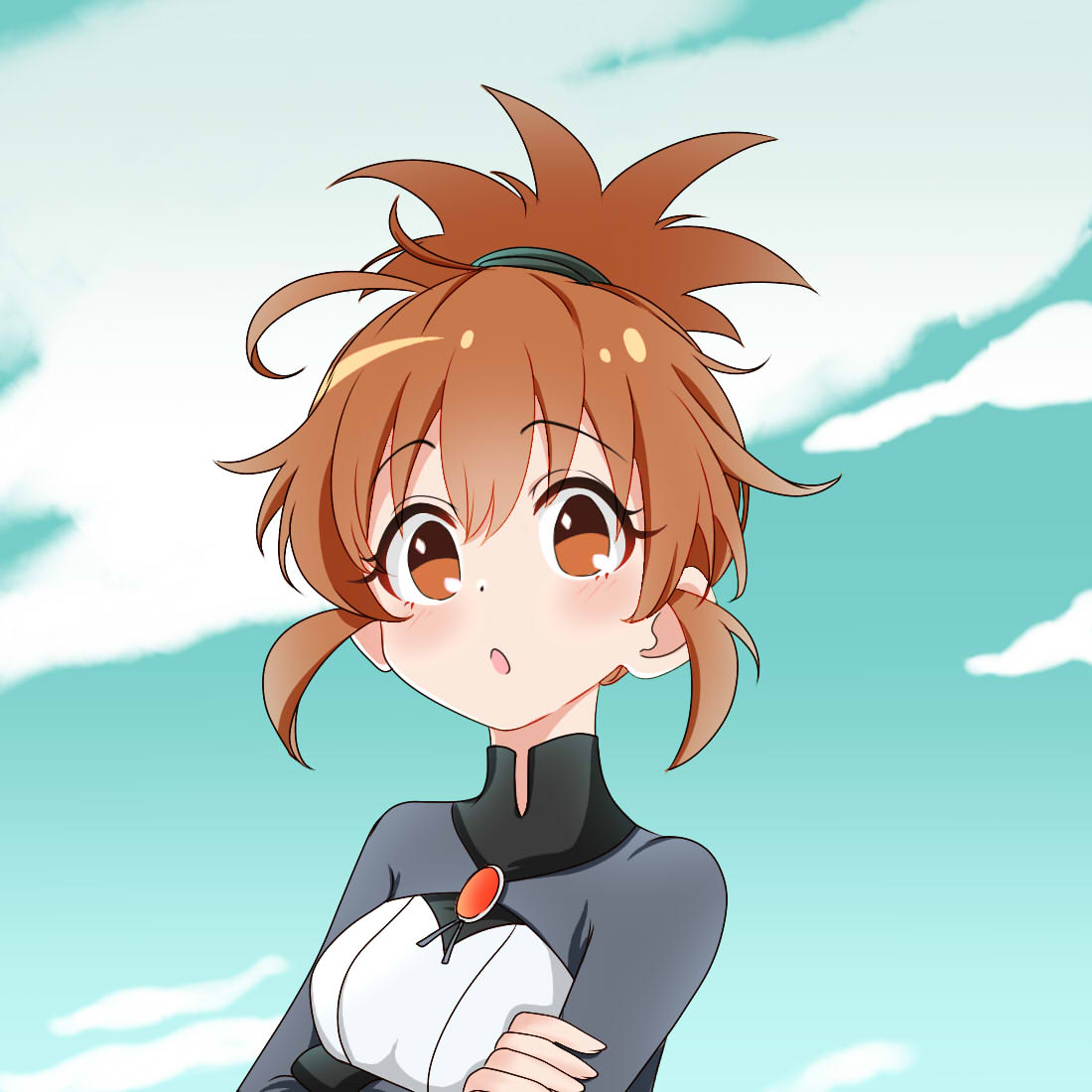 1girl, :o, antenna_hair, bangs, blue_sky, breasts, brown_eyes, brown_hair, clouds, cloudy_sky, crossed_arms, defense_of_the_ancients, dota_2, hair_between_eyes, hair_ornament, long_hair, looking_at_viewer, marci_(defense_of_the_ancients), open_mouth, ponytail, side_dish_meow, sky, solo