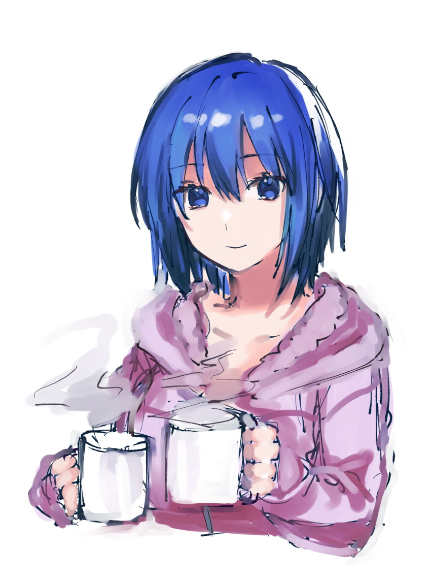 1girl, alternate_costume, bangs, blue_eyes, blue_hair, breasts, casual, ciel_(tsukihime), closed_mouth, collarbone, commentary_request, cup, eyebrows_visible_through_hair, hair_between_eyes, highres, holding, holding_cup, hood, hood_down, hooded_sweater, ketsu, long_sleeves, looking_at_viewer, mug, official_alternate_costume, pink_sweater, short_hair, simple_background, smile, solo, steam, sweater, tsukihime, tsukihime_(remake), white_background