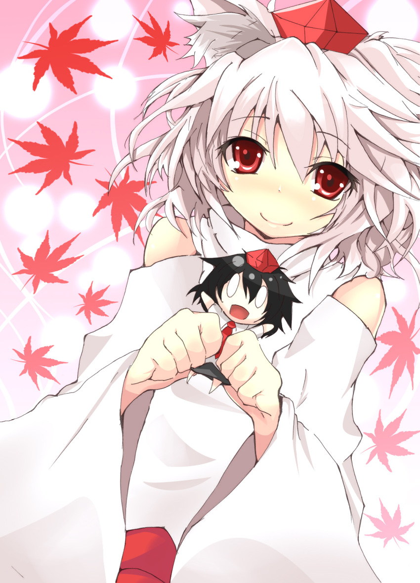 animal_ears, black_hair, character_doll, clenched_hands, detached_sleeves, doll, hat, highres, hinata_(pixiv), hinata_sora, inubashiri_momiji, red_eyes, shameimaru_aya, short_hair, solo, tokin_hat, touhou, white_hair, wolf_ears