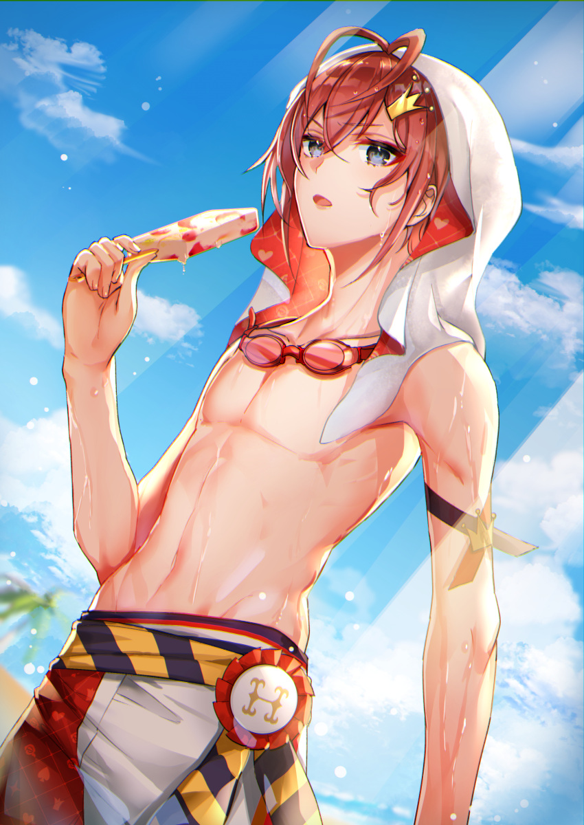 1boy, absurdres, blue_eyes, crown, food, highres, ice_cream, looking_at_viewer
