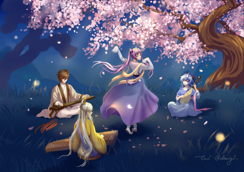 1boy, 3girls, ahoge, alternate_costume, back, bangs, beiyi, black_hair