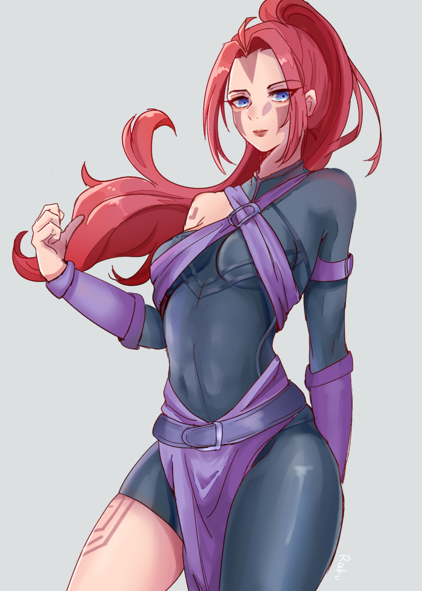 1girl, antenna_hair, anti-mage, asymmetrical_legwear, asymmetrical_sleeves, bangs, blue_eyes, breasts, closed_mouth, defense_of_the_ancients, dota_2, facepaint, grey_background, highres, long_hair, looking_at_viewer, ponytail, purple_hair, raku_(874402932), simple_background, solo, tattoo, uneven_legwear, uneven_sleeves, wei_(dota_2)