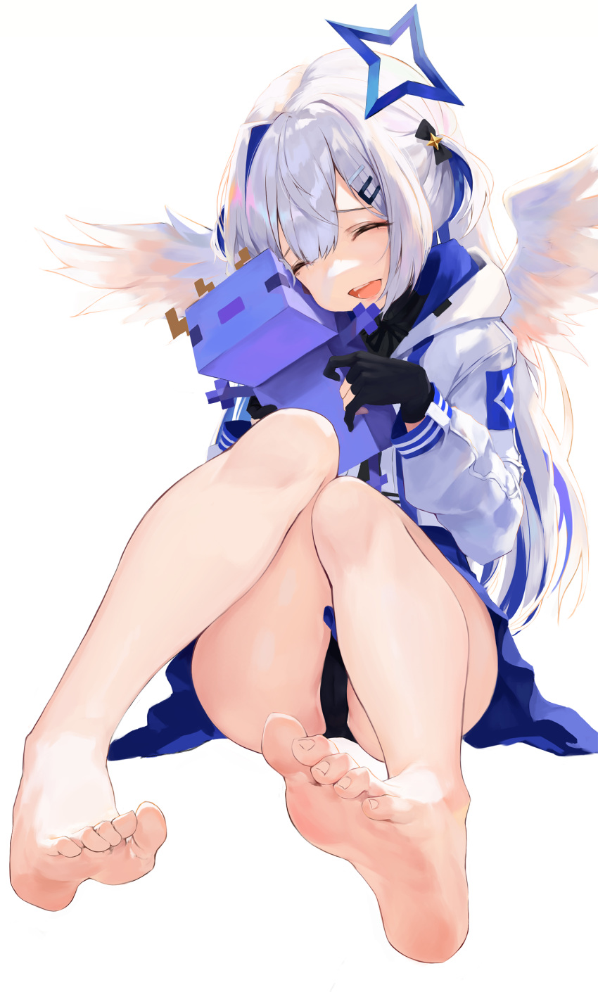 1girl, :d, absurdres, amane_kanata, angel_wings, animal_hug, axolotl, axolotl_(minecraft), bangs, bare_legs, barefoot, black_gloves, black_panties, blue_hair, blue_skirt, closed_eyes, commentary, feathered_wings, feet, full_body, gloves, halo, highres, hiki_niito, hololive, hood, hood_down, hooded_jacket, jacket, long_hair, long_sleeves, minecraft, multicolored_hair, open_mouth, panties, pantyshot, partially_fingerless_gloves, silver_hair, sitting, skirt, smile, soles, star_halo, streaked_hair, toes, two-tone_hair, two_side_up, underwear, very_long_hair, virtual_youtuber, white_background, white_jacket, white_wings, wings