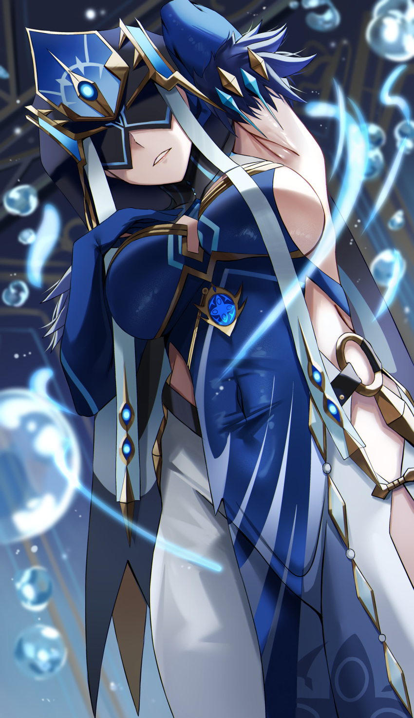 1girl, arm_up, armpits, blue_dress, blue_gloves, bodice, breasts, dress