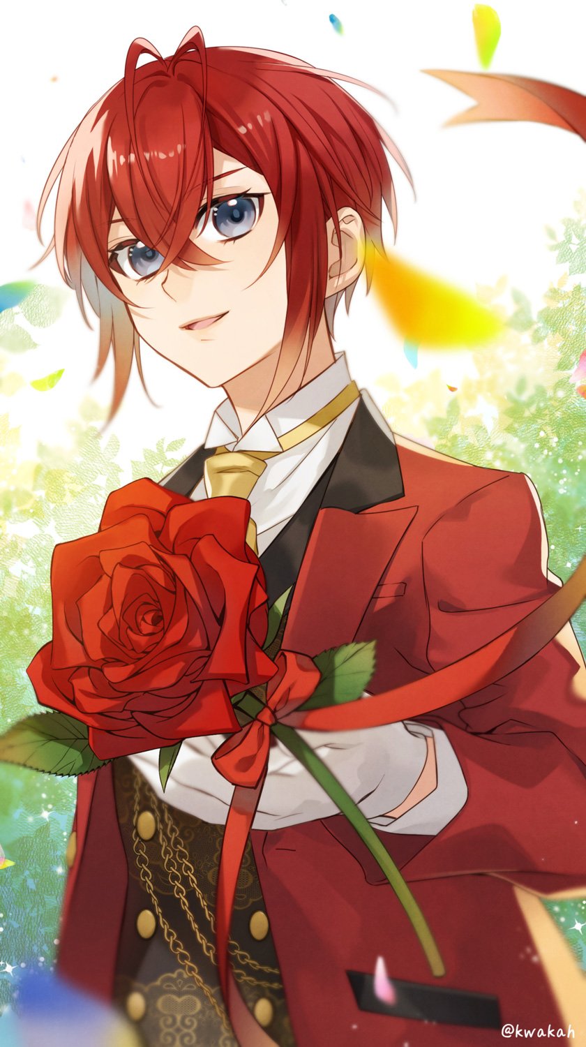 1boy, antenna_hair, blue_eyes, flower, gloves, gold_necktie, hair_between_eyes, highres