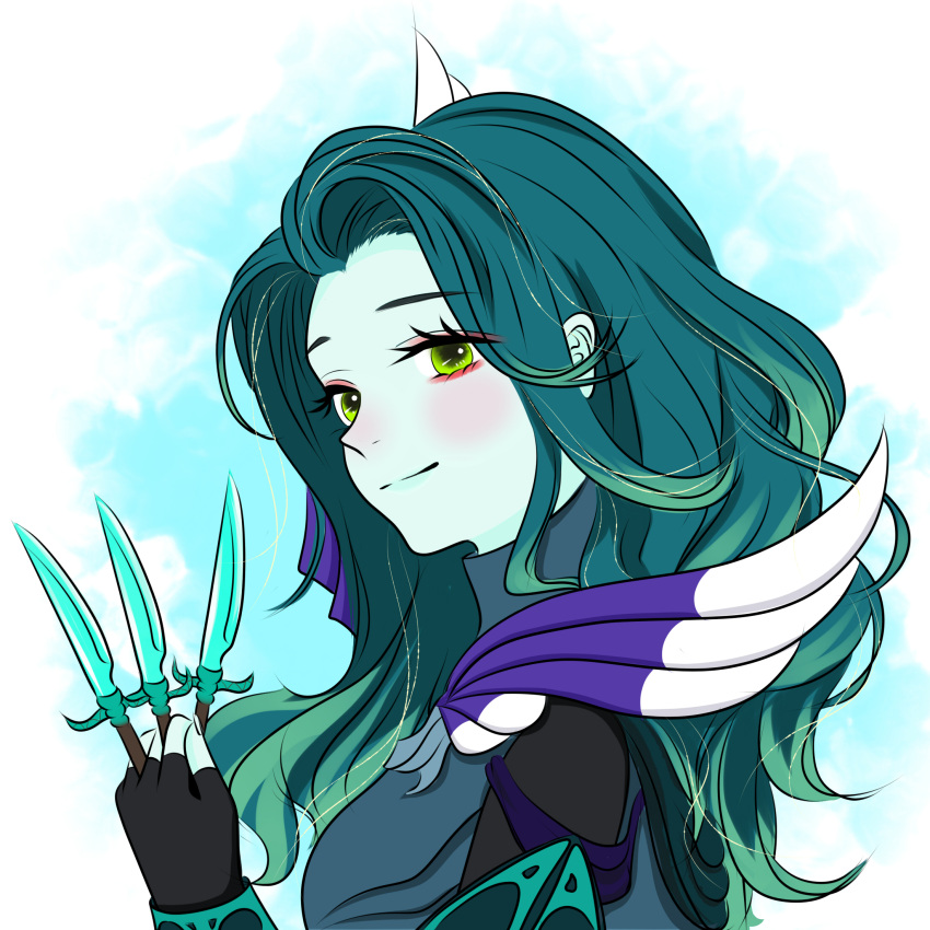 1girl, armor, bangs, black_gloves, blush, closed_mouth, colored_skin, defense_of_the_ancients, dota_2, fingerless_gloves, gloves, green_eyes, green_hair, green_skin, highres, holding, holding_knife, knife, long_hair, long_sleeves, looking_at_viewer, phantom_assassin_(dota), side_dish_meow, smile, solo
