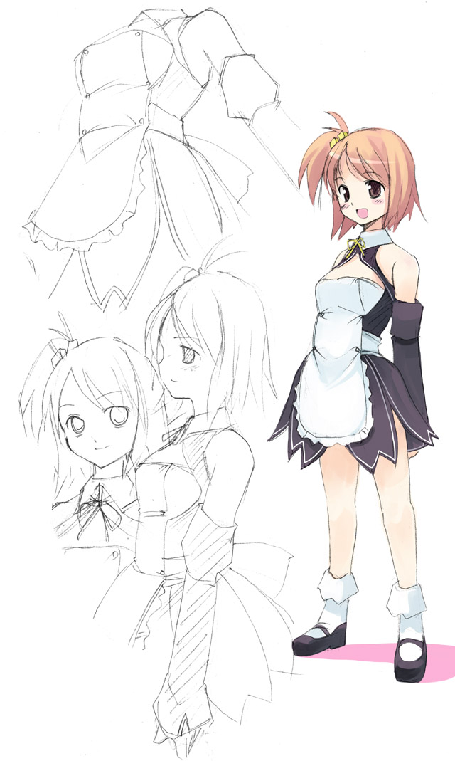 bare_shoulders, brown_eyes, brown_hair, concept_art, detached_sleeves, dream_c_club, hair_cubes, hair_ornament