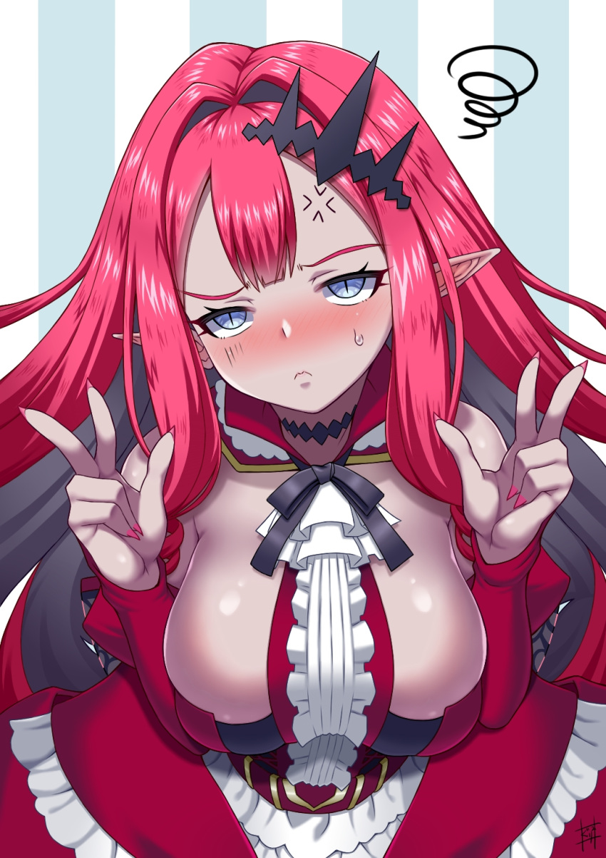 1girl, anger_vein, bangs, bare_shoulders, breasts, center_frills, circlet, closed_mouth