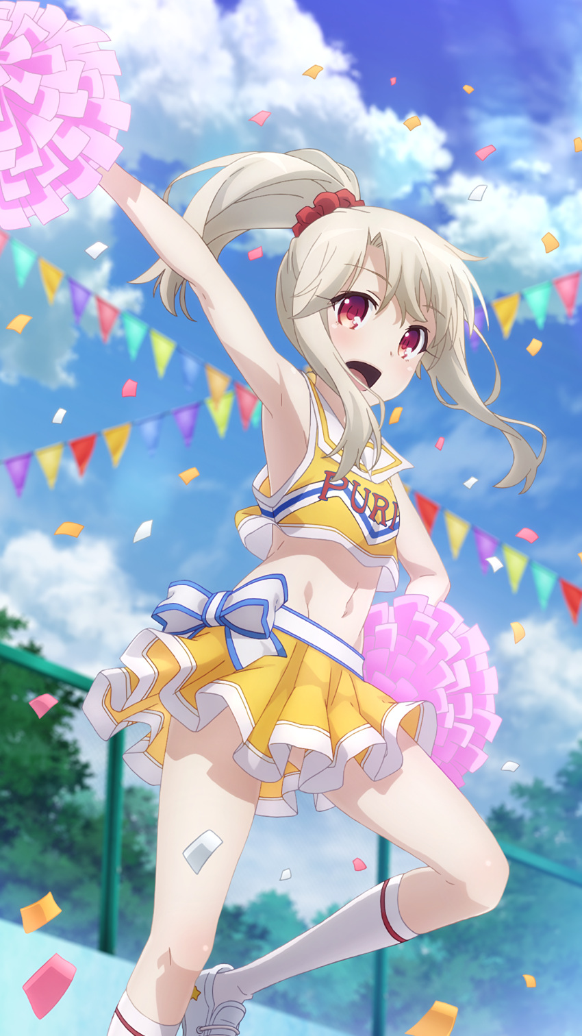 1girl, absurdres, alternate_hairstyle, armpits, blonde_hair, blush, breasts, cheerleader