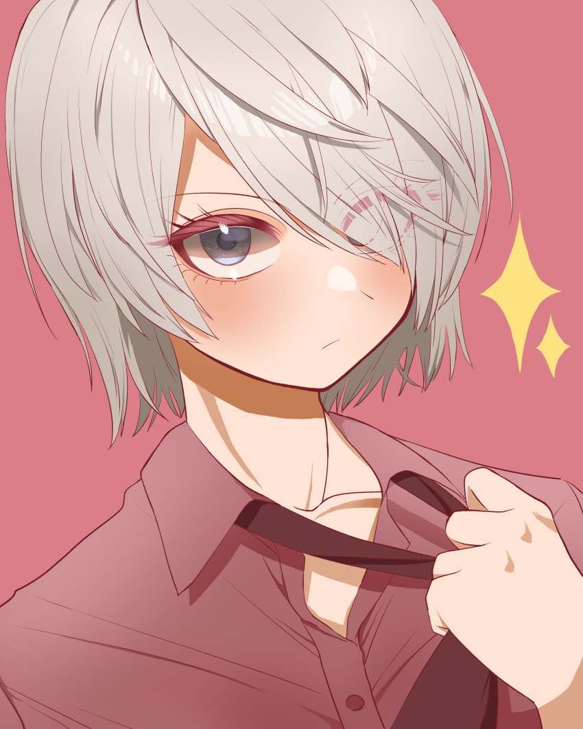 1girl, absurdres, alexkota1115, alternate_costume, android, blush, closed_mouth, collarbone, commentary, eyebrows_visible_through_hair, eyes_visible_through_hair, highres, joints, nier_(series), nier_automata, one_eye_covered, pink_background, robot_joints, short_hair, silver_hair, simple_background, solo, sparkle, tomboy, yorha_type_a_no._2