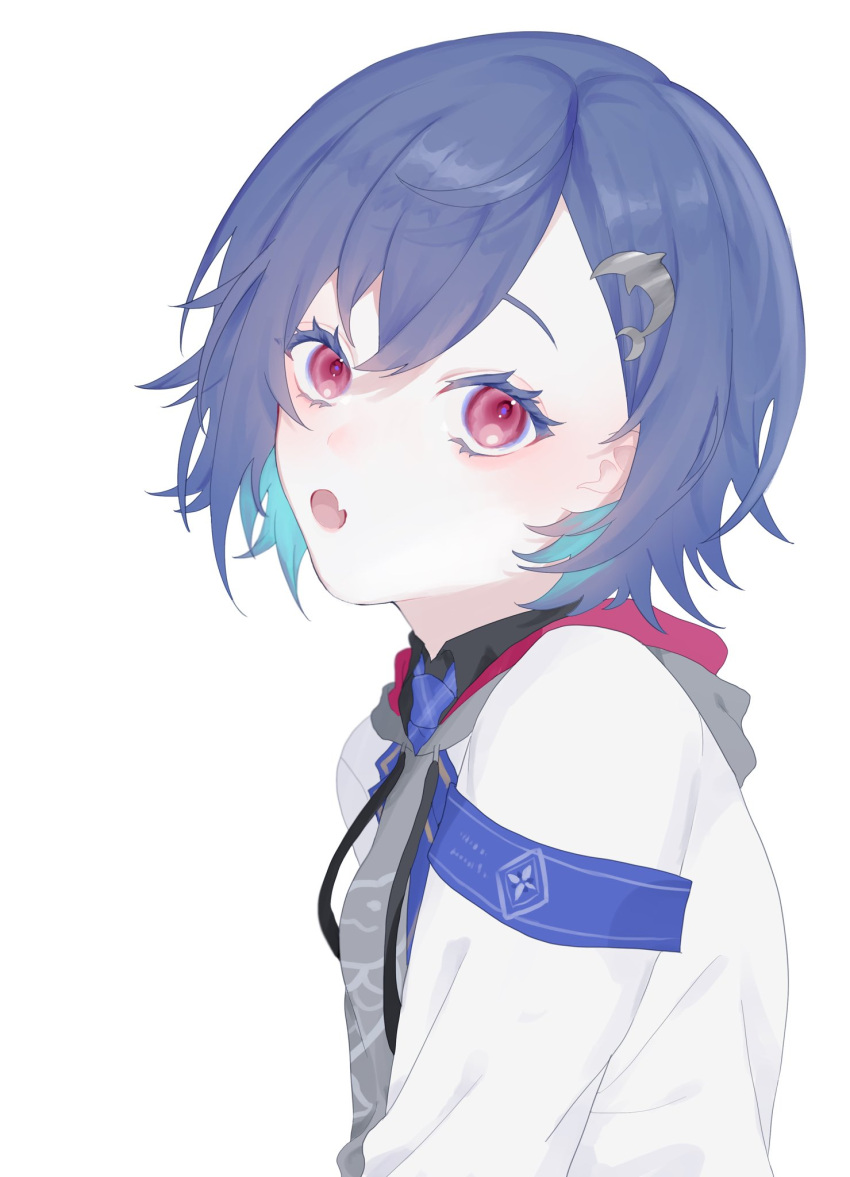10_io, 1girl, :o, armband, blazer, blue_hair, dolphin_hair_ornament, fang