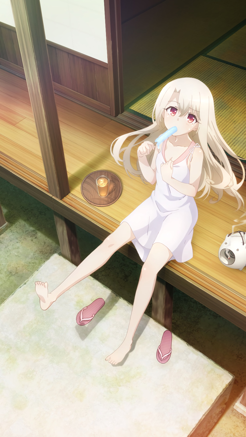 1girl, absurdres, barefoot, blonde_hair, breasts, deck, dress, duplicate
