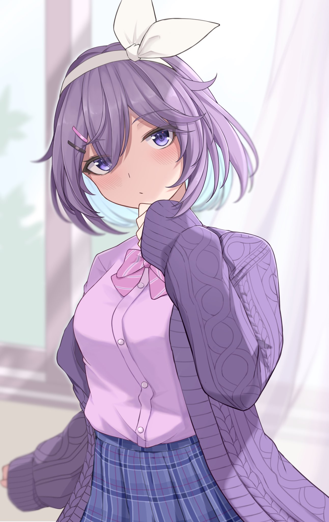 1girl, bangs, blue_eyes, blue_hair, blue_skirt, bow, bowtie, cardigan