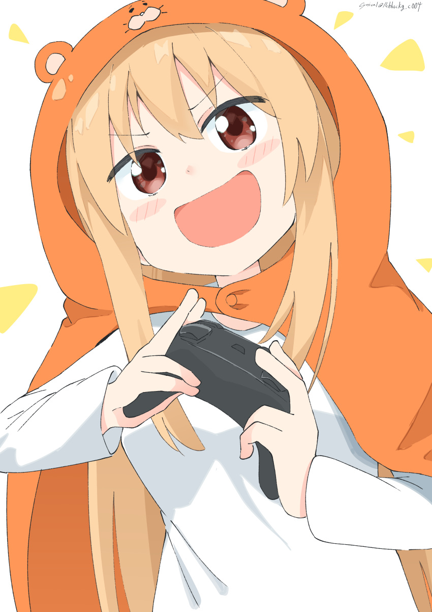 1girl, absurdres, animal_hood, bangs, blonde_hair, blush, brown_eyes, commentary_request