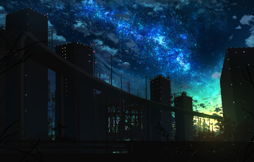 abisswalker8, absurdres, architecture, blue_sky, building, clouds, commentary_request, dark_foreground