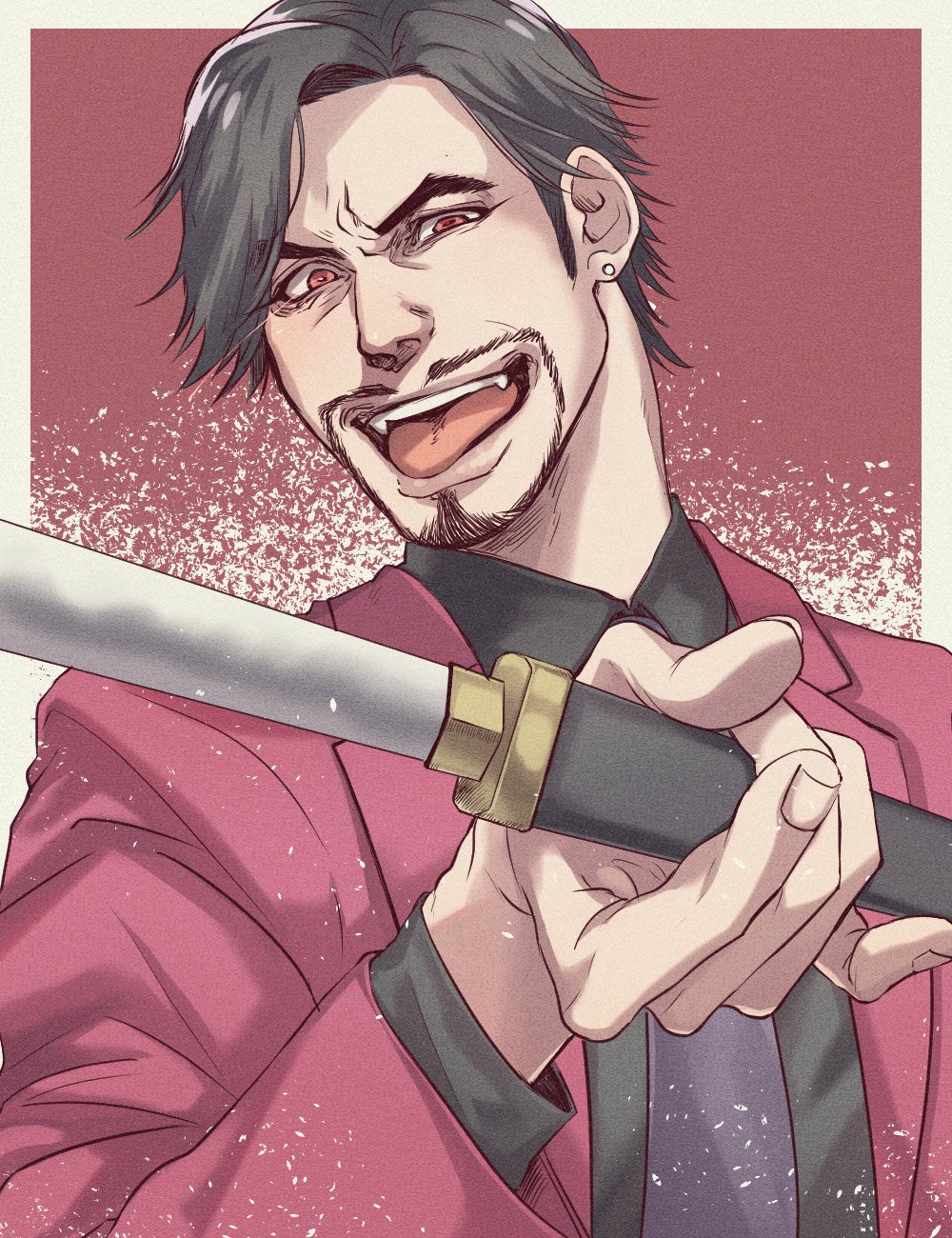 1boy, black_hair, coco_(h221414), dagger, ear_piercing, facial_hair, fangs, formal
