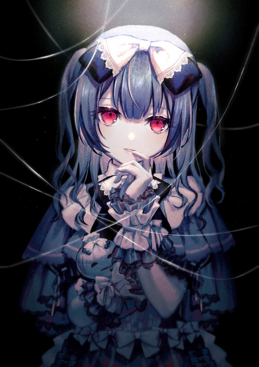 1girl, absurdres, black_background, black_hair, bow, doll, dress, frilled_dress