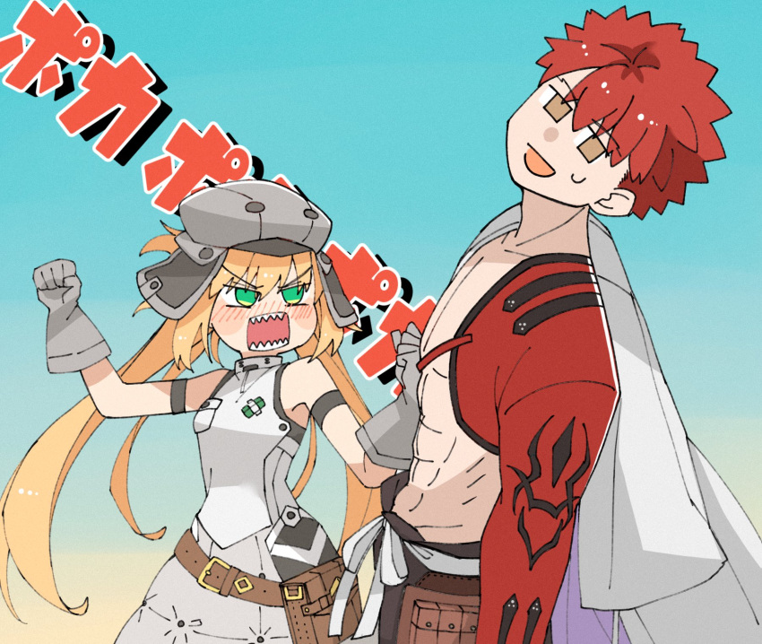 1boy, 1girl, angry, artoria_pendragon_(all), artoria_pendragon_(caster)_(fate), bangs, belt, blank_eyes, blonde_hair, blush, brown_eyes, emiya_shirou, euhage73, eyebrows_visible_through_hair, fate/grand_order, fate_(series), gloves, gradient, gradient_background, green_eyes, grey_gloves, grey_headwear, hat, highres, hitting, igote, limited/zero_over, looking_at_another, looking_away, open_mouth, parody, poka_poka, pouch, rectangular_mouth, redhead, seitokai_yakuindomo, sengo_muramasa_(fate), sharp_teeth, sweatdrop, teeth, toned, toned_male, upper_body, v-shaped_eyebrows