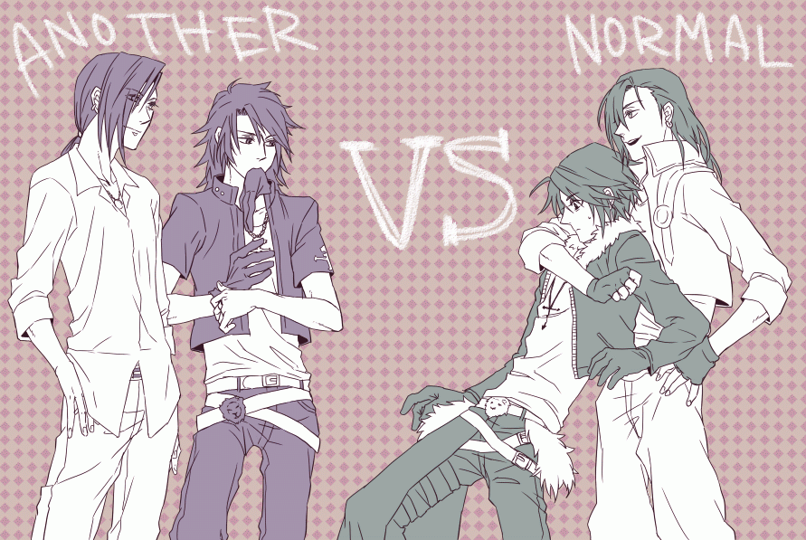 age_difference, argyle_background, artist_request, bad_id, belt, comparison, dissidia_final_fantasy, dual_persona