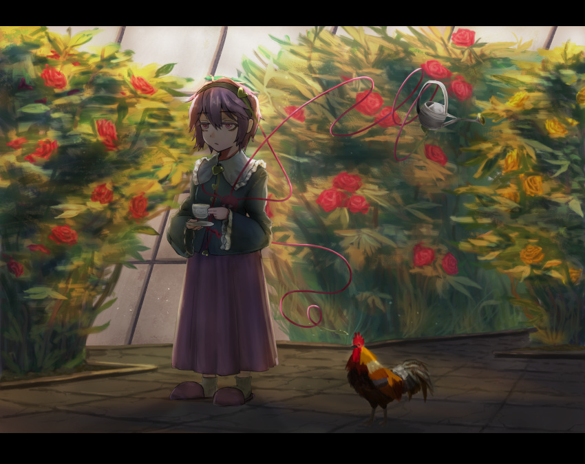 1girl, bangs, bird, blouse, blue_blouse, blue_sleeves, bush, chick