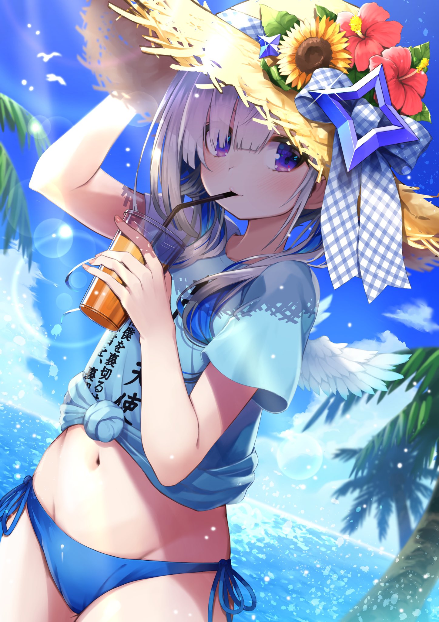 amane_kanata, angel_wings, asymmetrical_bangs, asymmetrical_hair, bangs, bikini, bikini_bottom, blue_bikini
