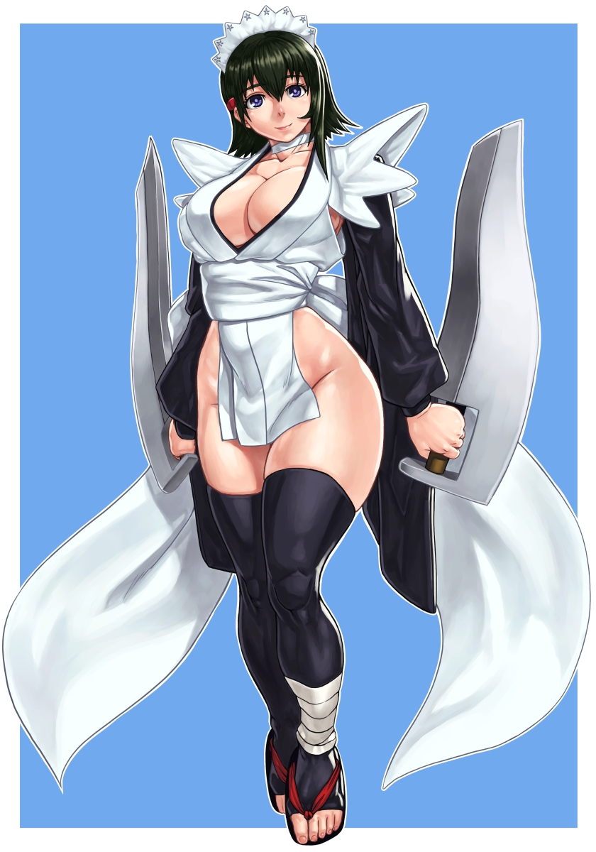 1girl, bandaged_leg, bandages, bangs, black_hair, blade, blue_eyes, breasts, butterfly_swords, doburokumaru9, flipped_hair, highres, huge_breasts, iroha_(samurai_spirits), maid, maid_headdress, maid_leotard, samurai_spirits, smile, thick_thighs, thigh-highs, thighs, toeless_legwear