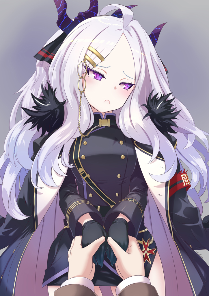 1boy, 1girl, blue_archive, blush, frown, furrowed_brow, gloves, hina_(blue_archive)