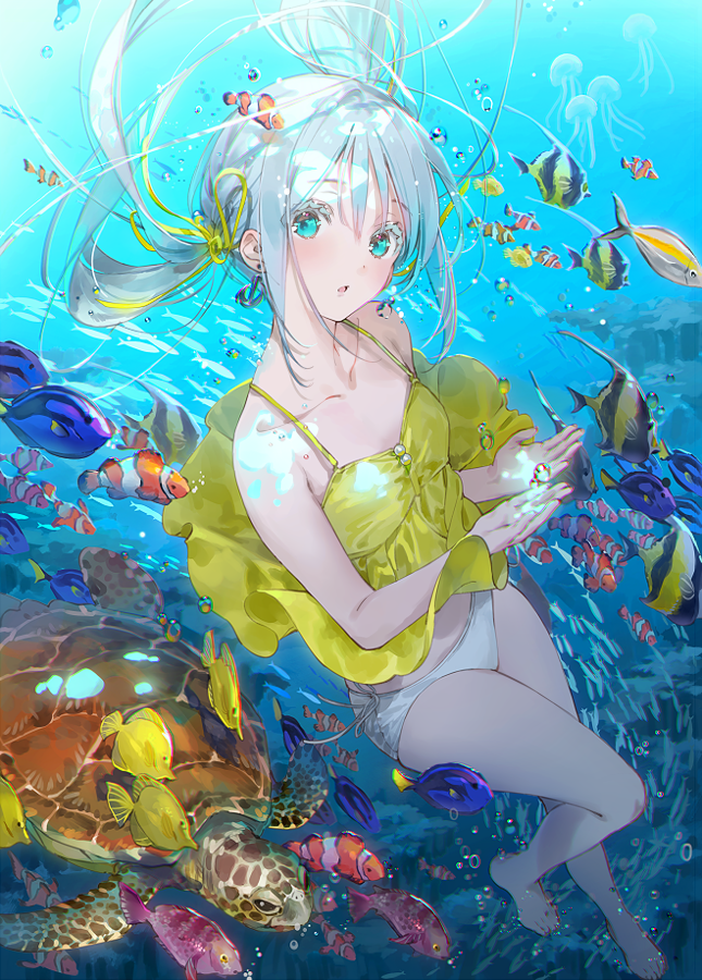 1girl, aqua_eyes, bare_legs, barefoot, blush, bubble, camisole, clownfish, dsmile, fish, floating_hair, hair_ribbon, jellyfish, looking_at_viewer, moorish_idol, original, panties, parted_lips, regal_blue_tang, ribbon, silver_hair, solo, surgeonfish, turtle, underwater, underwear, white_panties, yellow_camisole, yellow_ribbon, yellow_tang