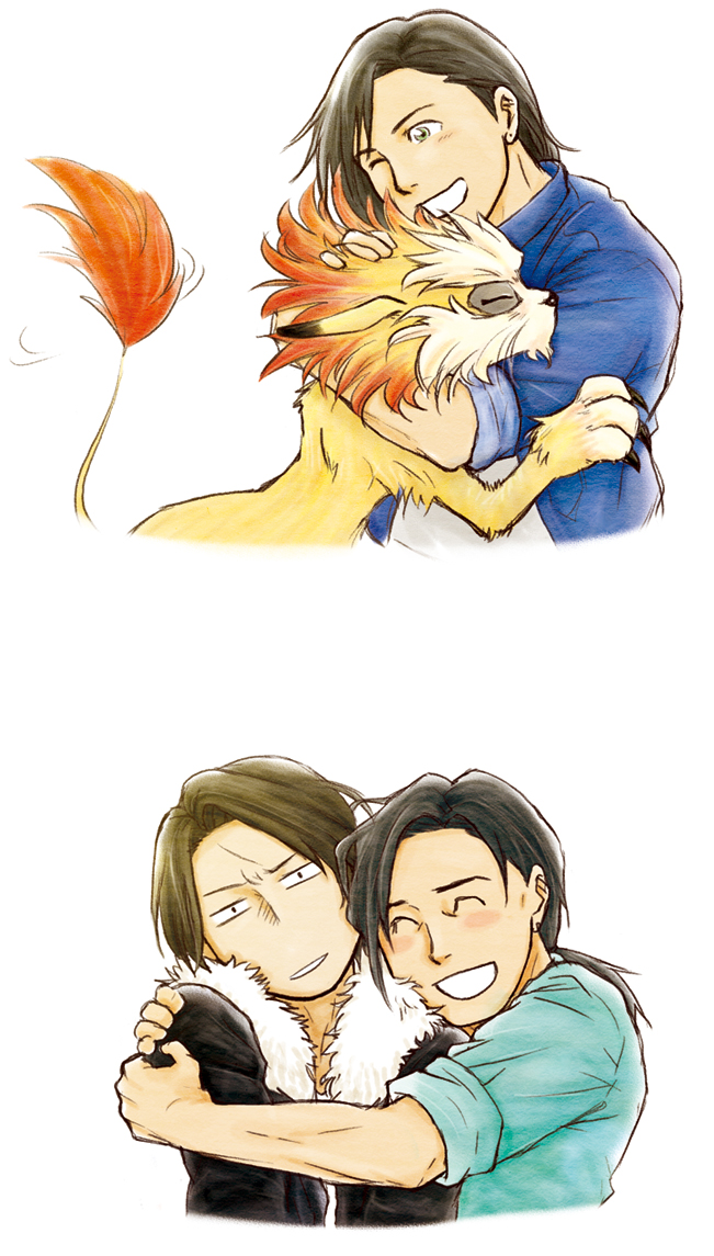 =_=, ^_^, age_difference, artist_request, bibio, black_hair, brown_hair, claws, closed_eyes, final_fantasy, final_fantasy_viii, green_eyes, hug, laguna_loire, male, moomba, orange_hair, ponytail, redhead, scar, squall_leonhart, tail, wink
