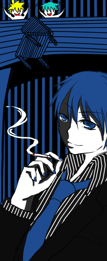 chair, cigarette, hatsune_mikuo, kagamine_len, kaito, laugh, smoke, throw
