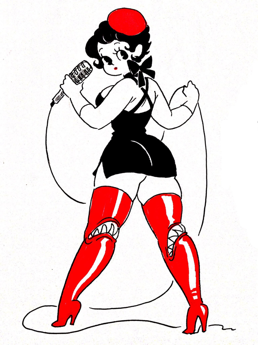 1girl, ass, black_dress, black_eyes, black_hair, boots, dress, full_body, high_heels, highres, holding, holding_microphone, limited_palette, looking_at_viewer, microphone, original, panoramango, red_headwear, red_legwear, sharp_teeth, short_hair, sleeveless, sleeveless_dress, solo, spot_color, standing, teeth, thigh-highs, thigh_boots