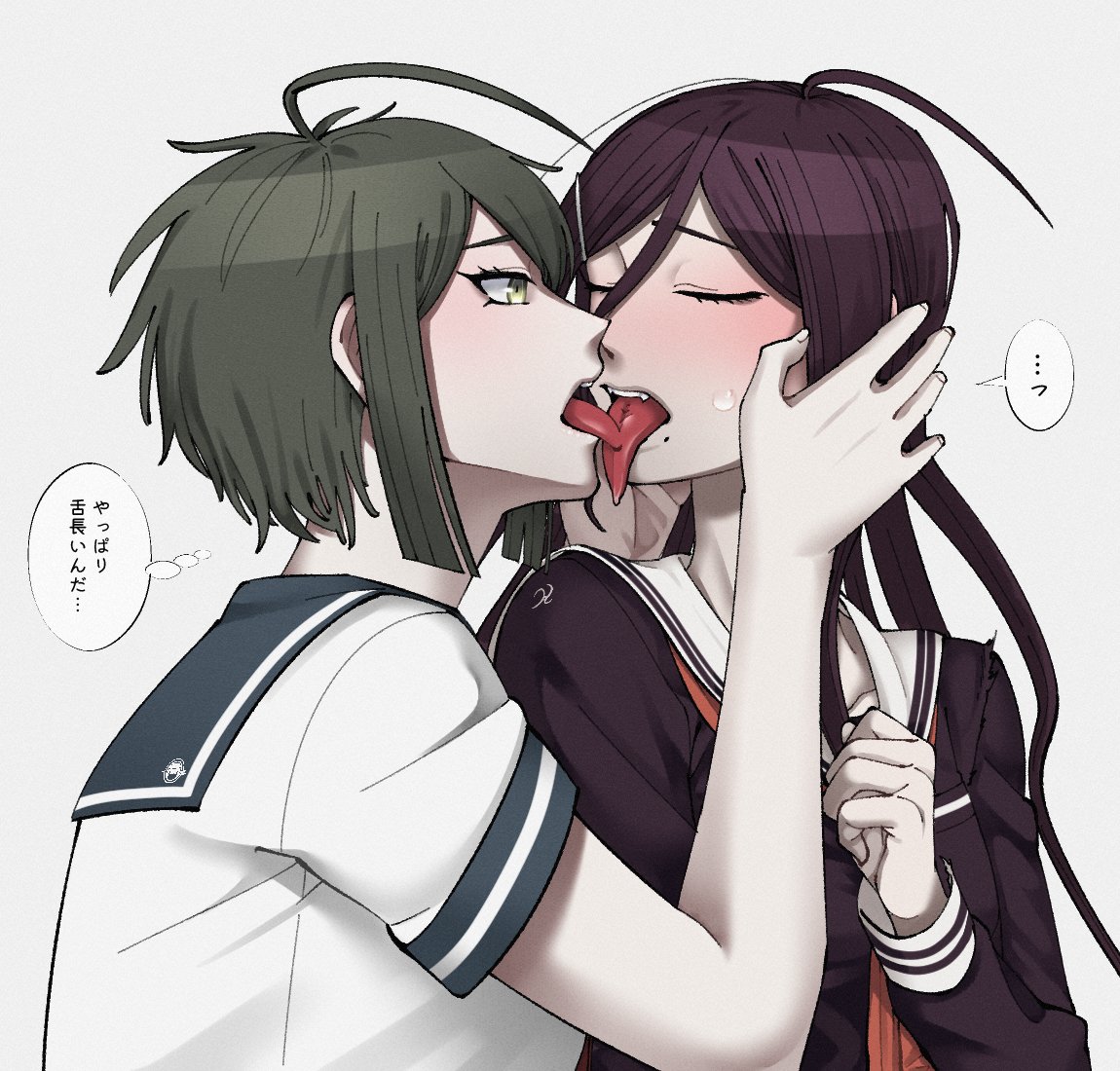 2girls, ahoge, black_hair, blush, closed_eyes, commentary, dangan_ronpa_(series), dangan_ronpa_another_episode:_ultra_despair_girls, fangs, french_kiss, fukawa_touko, green_hair, hanatsuduki, hand_on_another's_face, kiss, long_hair, long_tongue, mole, mole_under_mouth, multiple_girls, naegi_komaru, open_mouth, school_uniform, short_hair, simple_background, sweatdrop, tongue, translation_request, upper_body, upper_teeth, yellow_eyes, yuri