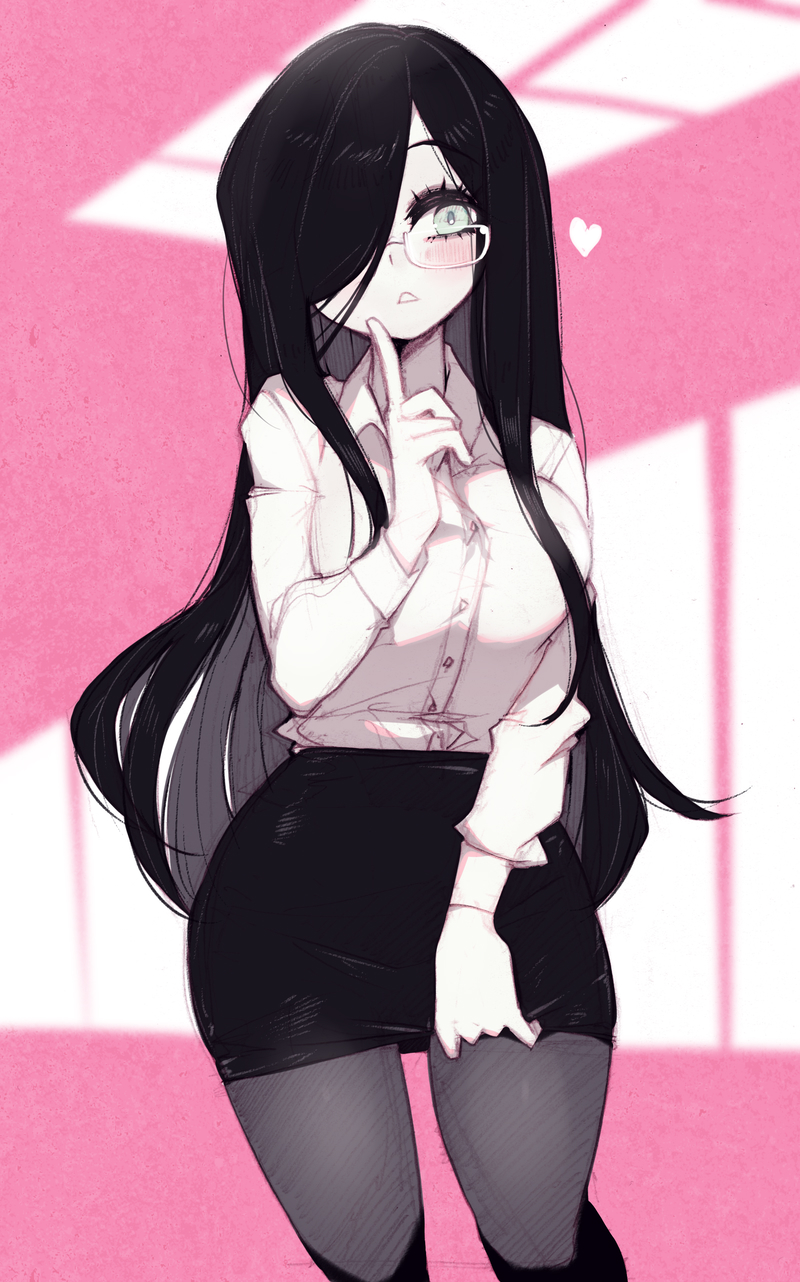 1girl, aria_wintermint, black_hair, breasts, collared_shirt, glasses, green_eyes, hair_over_one_eye