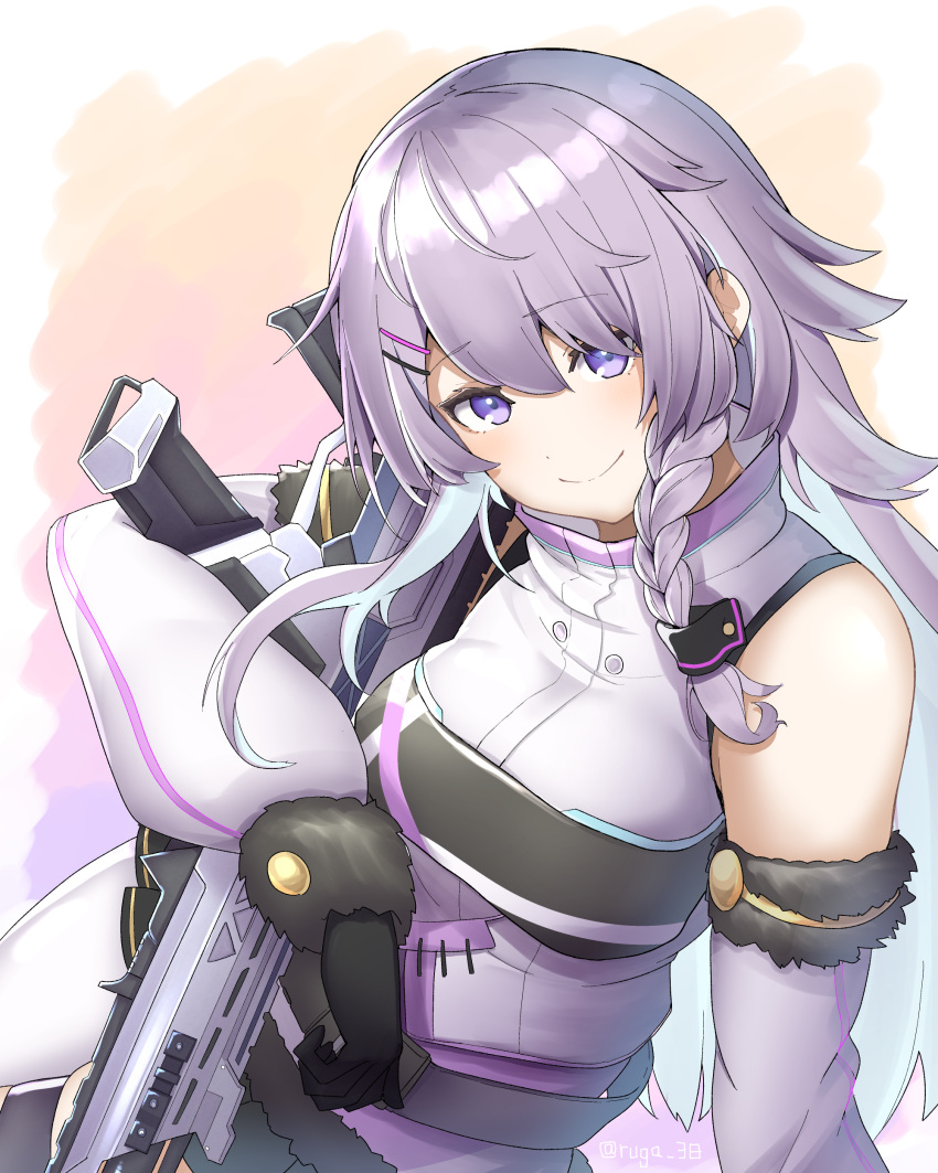 1girl, absurdres, apex_legends, assault_rifle, bangs, black_gloves, blue_hair, braid, breasts, colored_inner_hair, detached_sleeves, eyebrows_visible_through_hair, fur_trim, gloves, gun, hair_behind_ear, hair_ornament, hairclip, highres, holding, holding_gun, holding_weapon, jacket, long_hair, looking_at_viewer, medium_breasts, multicolored_hair, nijisanji, nijisanji_kr, nun_bora, purple_jacket, r-301_carbine, rifle, ruga_(orage38), sleeveless, sleeveless_jacket, smile, solo, virtual_youtuber, weapon