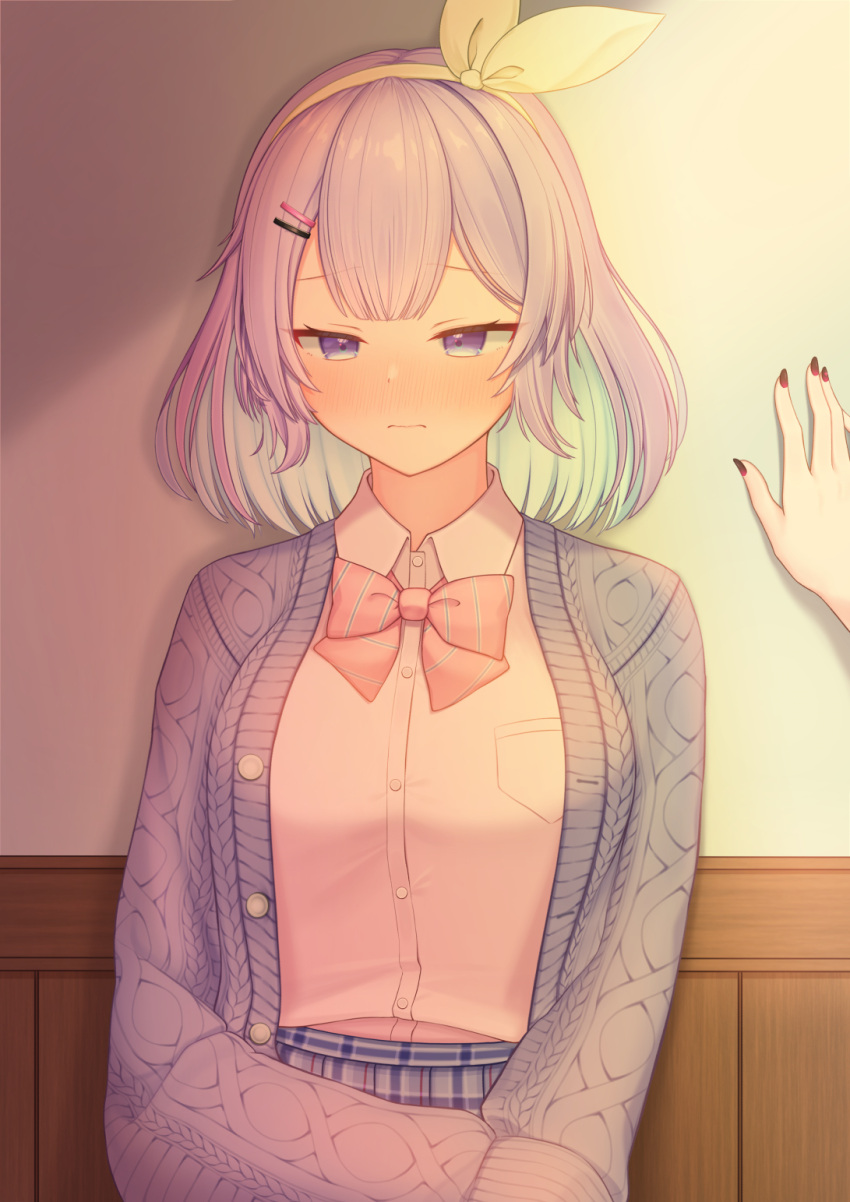 1girl, bangs, blue_hair, blush, bow, bowtie, breasts, cardigan