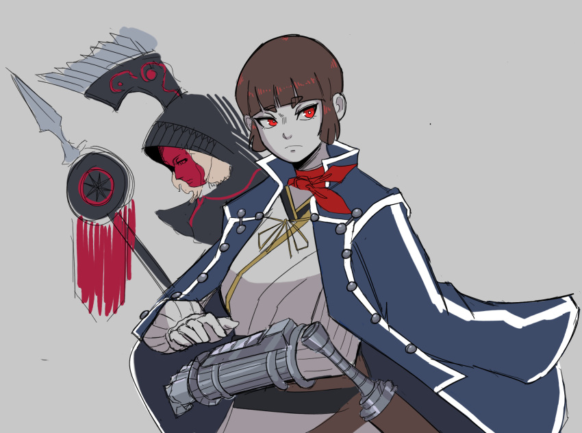1girl, bangs, belt, blunt_bangs, brown_eyes, brown_hair, chef033, coat