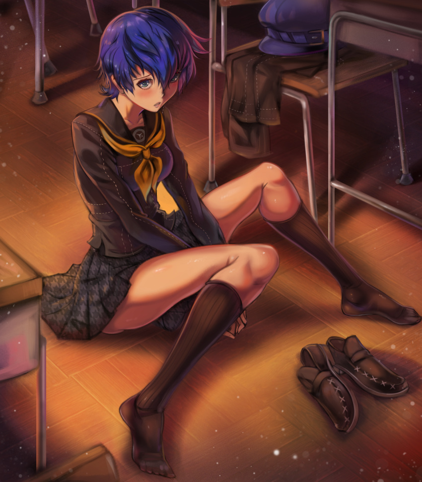 1girl, absurdres, between_legs, black_legwear, black_shirt, black_skirt, blue_eyes, blue_hair