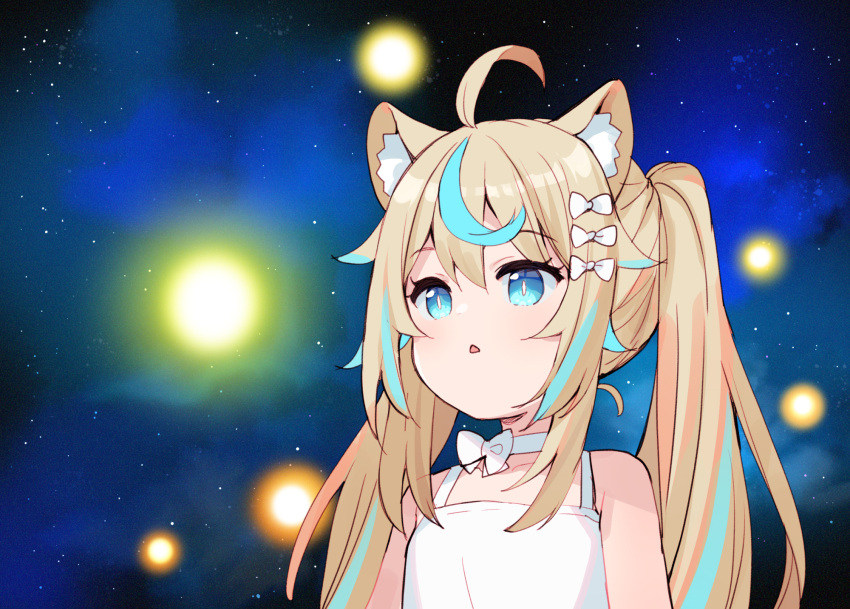 1girl, ahoge, animal_ear_fluff, animal_ears, bangs, bare_shoulders, blonde_hair, blue_eyes