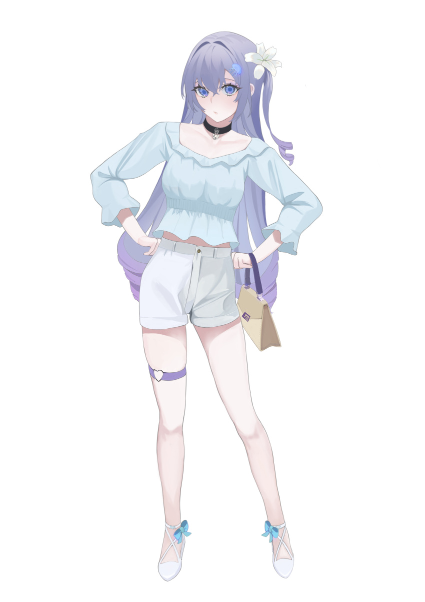 1girl, a-soul, absurdres, ava_(a-soul), bag, bangs, bare_legs, bell, black_choker, blue_eyes, blue_shirt, choker, closed_mouth, collarbone, commentary_request, contrapposto, drill_hair, flower, full_body, hair_between_eyes, hair_flower, hair_ornament, handbag, hands_on_hips, heart_ring, highres, jellyfish_hair_ornament, long_hair, long_sleeves, looking_at_viewer, neck_bell, purple_hair, qiuren, shirt, shorts, simple_background, solo, standing, thigh_strap, virtual_youtuber, white_background, white_flower, white_footwear, white_shorts