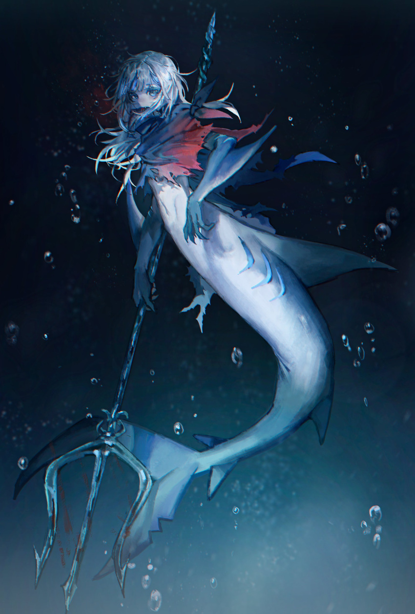 1girl, absurdres, blue_eyes, blue_hair, cloak, english_commentary, fins, fish