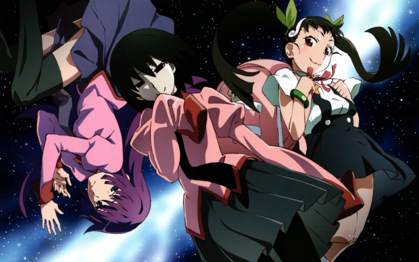 3girls, :3, backpack, bag, bangs, black_eyes, black_hair, black_legwear