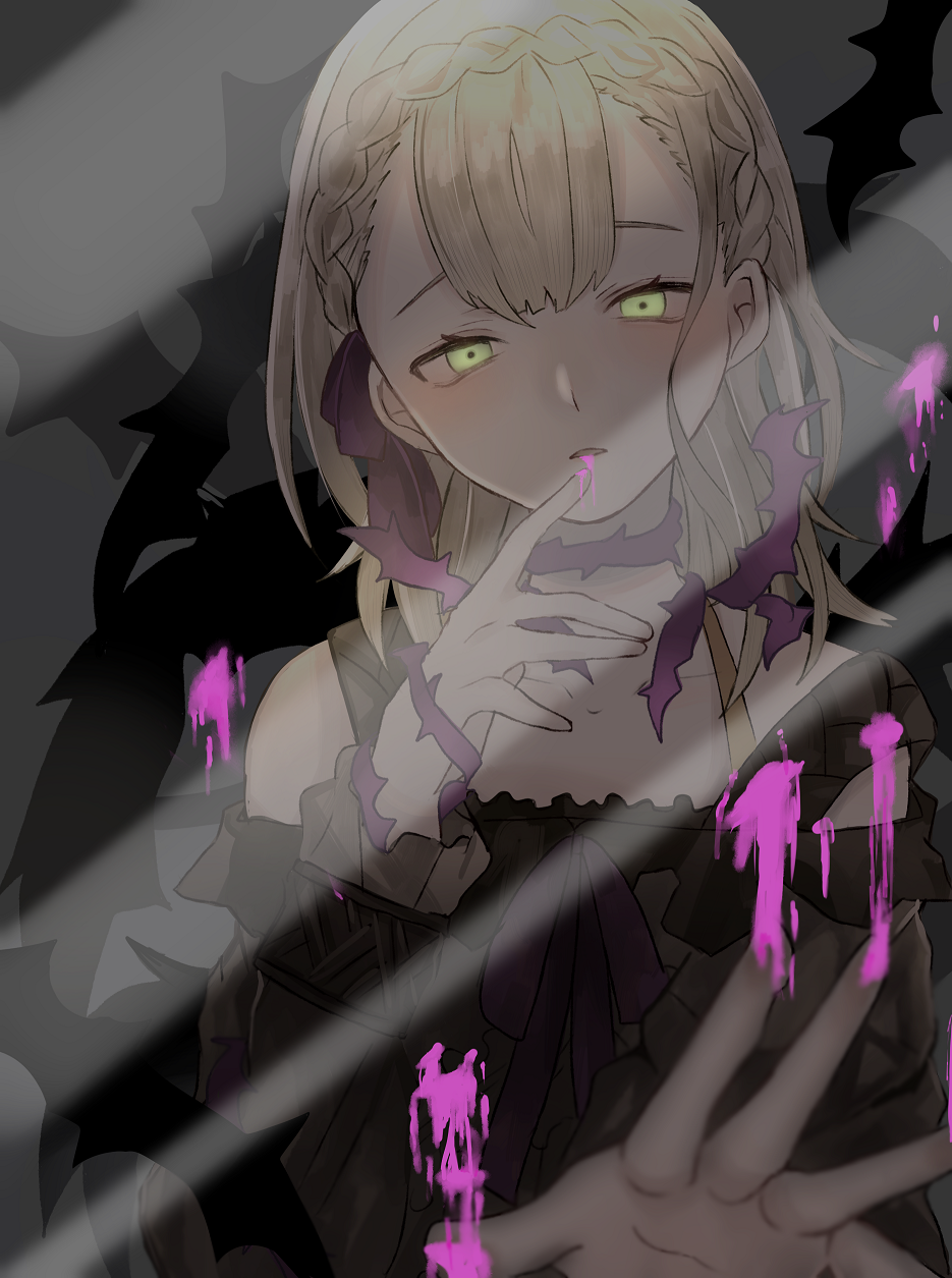 1girl, :o, akitama2727, bare_shoulders, blonde_hair, braid, briar_rose_(sinoalice), grey_background
