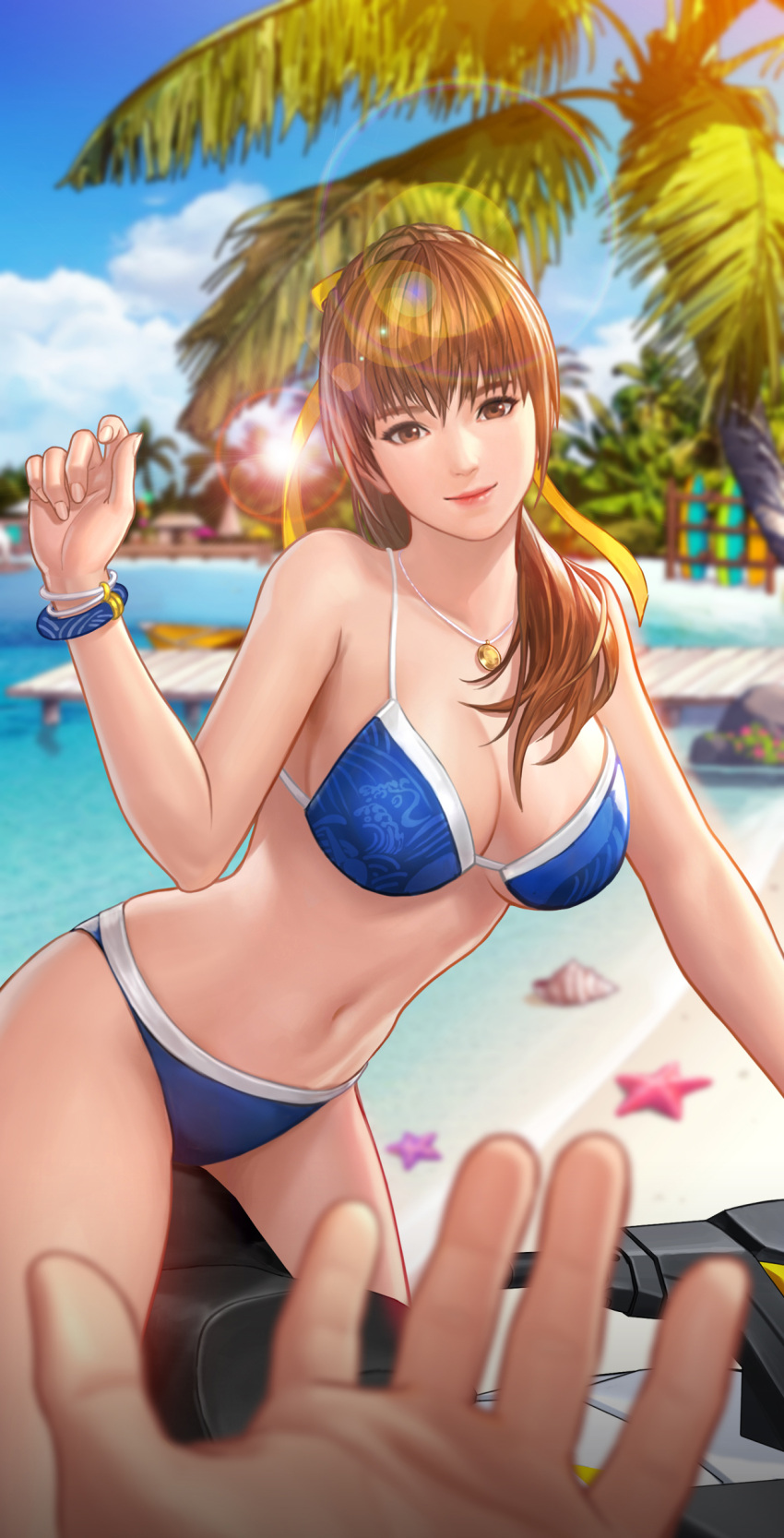 1girl, absurdres, artist_request, bangs, bare_shoulders, bikini, blue_bikini, blue_sky